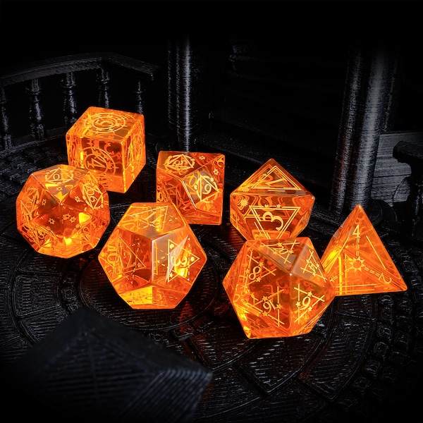 Full Set Orange Glass Dice, D&D Dice Set For Crystal Orange Glass Polyhedral Dice Set Gemstone DND Dice Set Dungeons and Dragons,D20 Dice