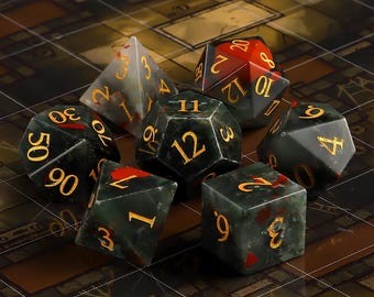 May include: Set of eight green and red dice with gold numbers. The dice are made of a speckled stone-like material.