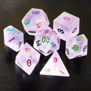 Full Set Frosted Purple Glass DnD Dice Set| Hand-carved, Multiple Color| Lightning Streak Explodes Dungeons and Dragons  RPG  Polyhedra