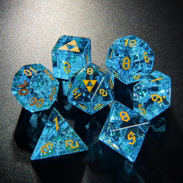 Full Set Zelda D&D Dice Set| For Crystal Blast Blue Glass Polyhedral Dice Set Gemstone DND Dice Set Dungeons and Dragons,D20 Dice