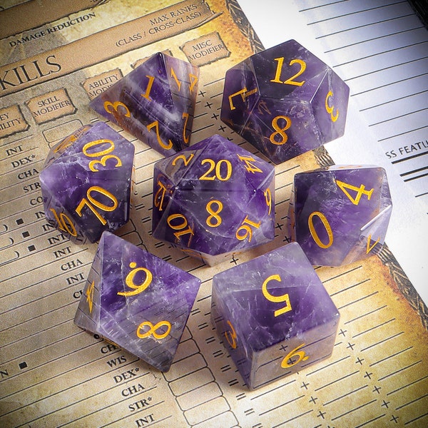 Jeu de dés D&D en améthyste| Ensemble de dés et de pierres précieuses | Pierres précieuses à méditer | Dungeons and Dragons Jeu de dés RPG de jeu de table, polyèdres, rôle du MDN