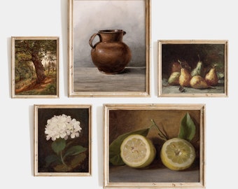 Kitchen gallery set - Vintage still life art paintings, Fruit gallery wall set, Antique moody decor, Flower wall art, DIGITAL DOWNLOAD