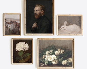 Dark moody gallery set - Vintage portrait art paintings, Hare gallery wall set, Antique Neutral decor, Still life wall art, DIGITAL DOWNLOAD
