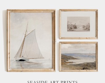 Sailboat gallery set, Vintage seascape art paintings, Beach house gallery wall set, Antique muted decor, Nautical wall art, DIGITAL DOWNLOAD
