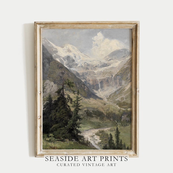 Rustic mountain art print - Vintage countryside landscape oil painting, Soft tones woodland wall art , Muted wall decor, DIGITAL DOWNLOAD