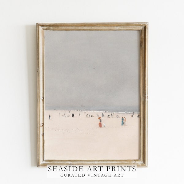 Summer beach art print - Antique coastal landscape oil painting, Soft tones nautical wall art, Neutral seaside wall decor, MAILED PRINT