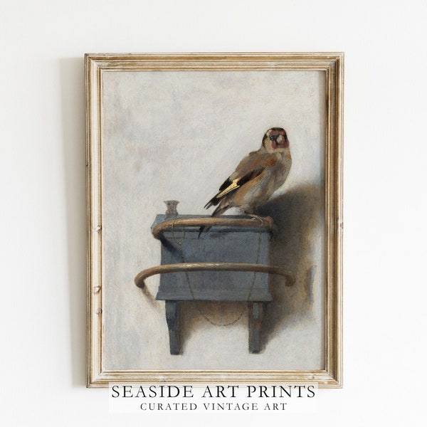 Moody bird art print - Antique goldfinch oil painting, Neutral still life painting, Soft tones wall art, Muted wall decor, DIGITAL DOWNLOAD