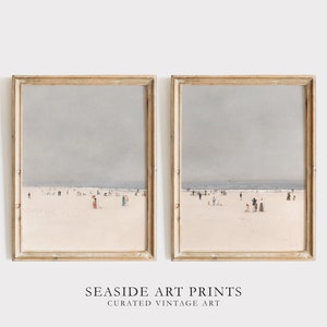 Vintage beach art print - Set of two, Antique coastal seascape oil painting, Soft tone nautical wall art, Neutral wall decor, MAILED PRINT