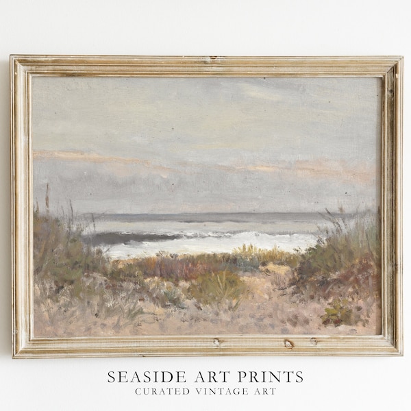 Antique seaside art print - Vintage beach oil painting, Neutral seascape print, Nautical wall art, Muted coastal decor, DIGITAL DOWNLOAD