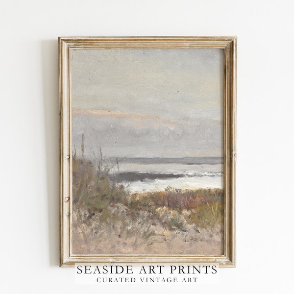 Seaside landscape art print - Antique beach oil painting, Soft tones seascape print, Nautical wall art, Neutral coastal decor, MAILED PRINT