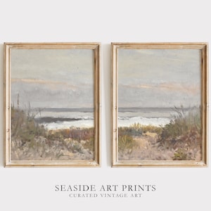Muted seaside art print set - Set of two print, Antique beach oil painting, Soft tones seascape print, Split panel wall art, MAILED PRINT
