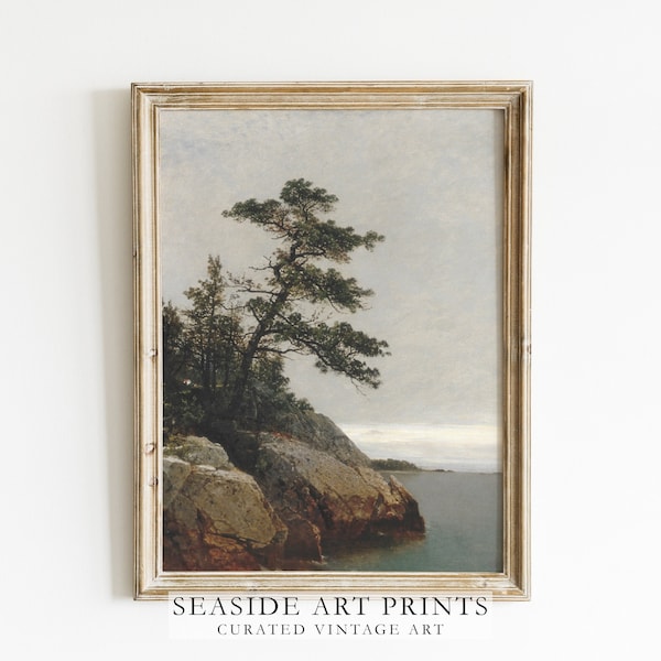 Muted seaside art print - Vintage pine tree oil painting, Soft tones seascape print, Nautical wall art, Neutral coastal decor, MAILED PRINT