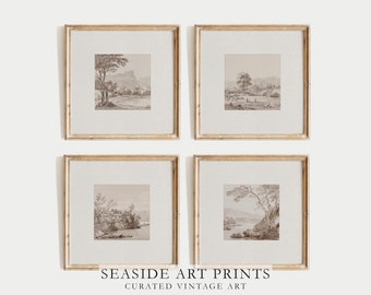May include: Set of four framed vintage landscape prints in a light brown wood frame. Each print features a black and white drawing of a seaside scene with trees, water, and a distant mountain.