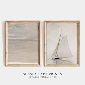 Coastal gallery set - Vintage nautical art paintings, Beach house gallery wall set, Antique muted decor, Seascape wall art, DIGITAL DOWNLOAD