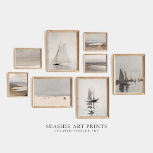 Coastal gallery set - Vintage seascape art paintings, Beach house gallery wall set, Antique muted decor, Nautical wall art, DIGITAL DOWNLOAD