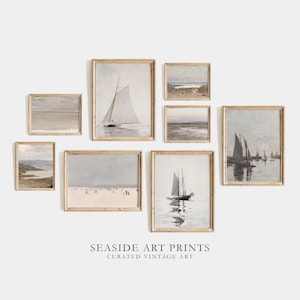 Seaside gallery set - Antique coastal art paintings, Beach house gallery wall set, vintage neutral decor, Seascape wall art, MAILED PRINT