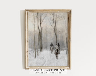 Neutral winter landscape art print - Vintage horse riders painting, Moody wall art, Soft tones decor, Muted interior decor, MAILED PRINT