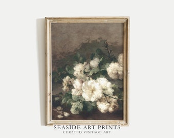 Antique white roses print, Vintage white flower oil painting, Soft tones botanical still life, Muted decor, Floral art print, MAILED PRINT