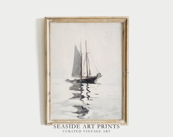 Vintage seascape art print - Antique sailboat watercolor painting, Coastal wall art, Seaside decor , Muted nautical decor, MAILED PRINT
