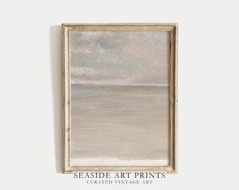May include: A framed painting of a seascape with a light blue sky and a horizon line. The sky is painted with soft, muted colors and the water is a light gray.