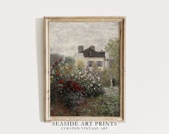 Flower garden art print - Vintage French countryside rose garden oil painting, Soft tones floral art , Botanical wall decor, MAILED PRINT