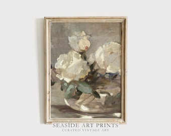 May include: A framed vintage painting of a still life featuring a bouquet of white roses in a vase. The roses are painted in a soft, impressionistic style with muted colors.