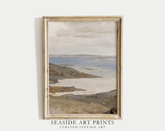 Moody seaside art print - Coastal landscape oil painting, Neutral ocean wall art, Seascape decor, Muted nautical home decor, MAILED PRINT