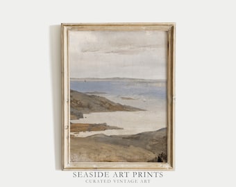 Seaside landscape art print - Vintage nautical painting, Neutral ocean wall art, Seascape art , Moody coastal home decor, DIGITAL DOWNLOAD
