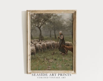 Vintage farm animal art print - Moody sheep oil painting, Soft tones wall art, Muted farmhouse home decor, Spring wall decor, MAILED PRINT