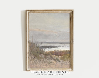 Seaside landscape art print - Antique beach oil painting, Soft tones seascape print, Nautical wall art, Neutral coastal decor, MAILED PRINT