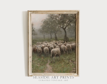 Vintage schapenkunstprint - humeurig lenteolieverfschilderij, kunst aan de muur zachte tinten, gedempte boerderijdecor, boerderijdieren wanddecor, DIGITALE DOWNLOAD