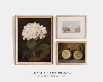 Still life gallery set - Vintage flower art paintings, Kitchen gallery wall set, Antique moody decor, Lemon wall art, DIGITAL DOWNLOAD