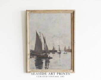 Antique sailboat art print, Vintage seascape oil painting, Muted harbor wall art , Neutral nautical wall decor, Coastal decor, MAILED PRINT