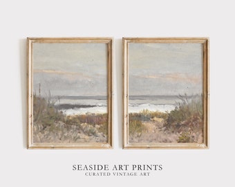 Muted seaside art print set - Set of two print, Antique beach oil painting, Soft tones seascape print, Split panel wall art, MAILED PRINT