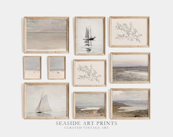 Nautical gallery set - Vintage seascape art paintings, Beach house gallery wall set, Antique muted decor, Coastal wall art, DIGITAL DOWNLOAD