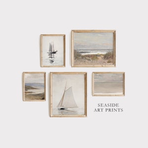 Coastal gallery set - Antique nautical art paintings, Beach house gallery wall set, vintage neutral decor, Seascape wall art, MAILED PRINT