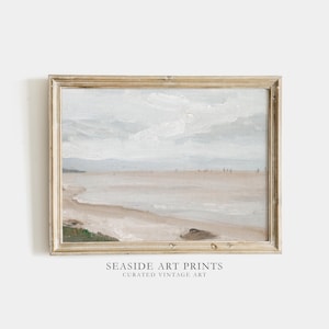 Beach landscape art print - Vintage coastal oil painting, Antique soft tone nautical wall art , Neutral seaside wall decor, MAILED PRINT