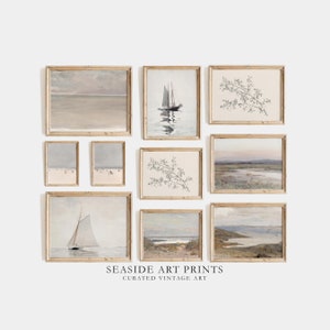 Seaside gallery set - Antique coastal art paintings, Beach house gallery wall set, vintage neutral decor, Seascape wall art, MAILED PRINT