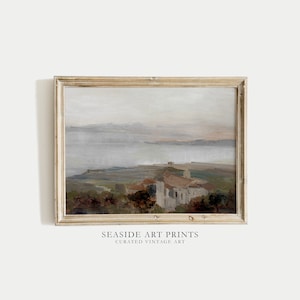 Moody seaside cottage art print - Vintage coastal oil painting, Muted seascape print, Warm tones wall art, Nautical decor, DIGITAL DOWNLOAD