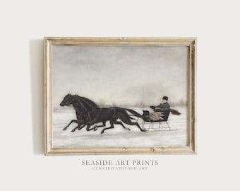 May include: A vintage painting of a horse-drawn sleigh in a snowy landscape. The sleigh is being pulled by three brown horses, and a person is sitting in the sleigh. The painting is framed in a light wood frame.