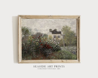 Vintage flower garden art print - French countryside rose garden oil painting, Muted floral wall art , Botanical wall decor, MAILED PRINT