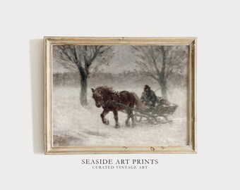 Country winter sleigh ride painting - Farmhouse horse art print , Chirstmas wall art, Muted wall decor, Neutral interior decor, MAILED PRINT