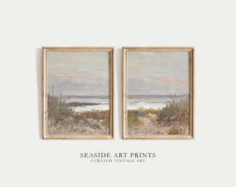 Coastal landscape art print set - Set of two print, Antique beach oil painting, Muted seascape print, Nautical wall art, DIGITAL DOWNLOAD