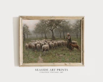 Humeurige lentekunstprint - antiek schapenolieverfschilderij, kunst aan de muur zachte tinten, gedempte boerderijdecor, boerderijdieren wanddecor, DIGITALE DOWNLOAD