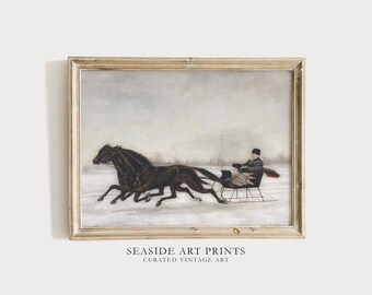 Vintage winter art print, Antique horse sleigh oil painting, Chirstmas wall art, Neutral wall decor, Moody interior decor, MAILED PRINT