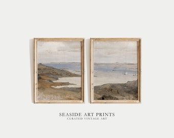 Seaside landscape art print - Set of two, Vintage nautical oil painting, Seascape wall art, Moody coastal home decor, DIGITAL DOWNLOAD