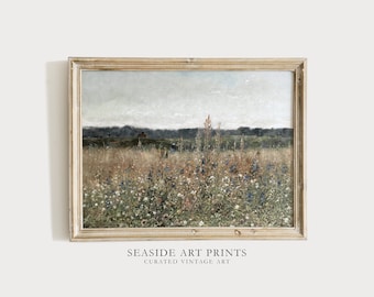 Antique summer landscape art print - Countryside flower field painting, Soft tones wall art, Muted wall decor, Warm decor, DIGITAL DOWNLOAD