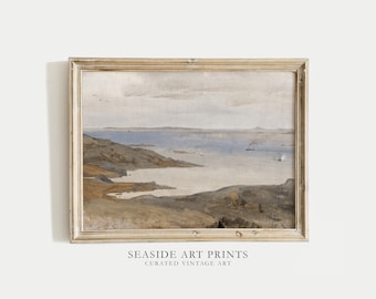 Coastal landscape art print - Vintage seascape painting, Neutral ocean wall art, Seaside decor , Muted nautical home decor, DIGITAL DOWNLOAD