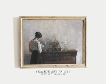 Vintage woman portrait art print - Antique woman oil painting, Neutral wall art, Soft tones wall decor, Moody interior decor, MAILED PRINT