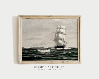 Antique saiboat art print - Vintage seascape painting, Coastal wall decor, Soft tone nautical wall art , Muted seaside decor, MAILED PRINT